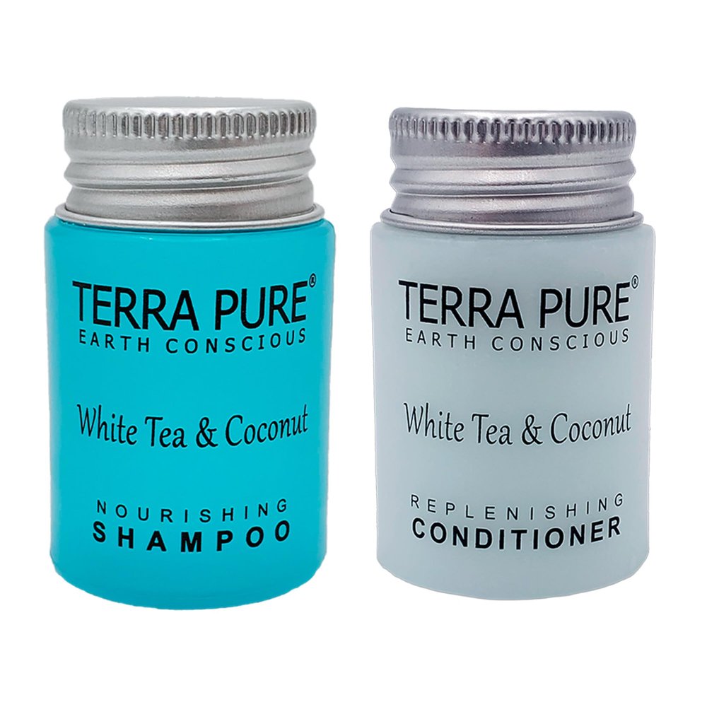 Terra Pure White Tea and Coconut Shampoo and Conditioner, Travel Size Hotel Amenities, 1 oz. (Case of 100)