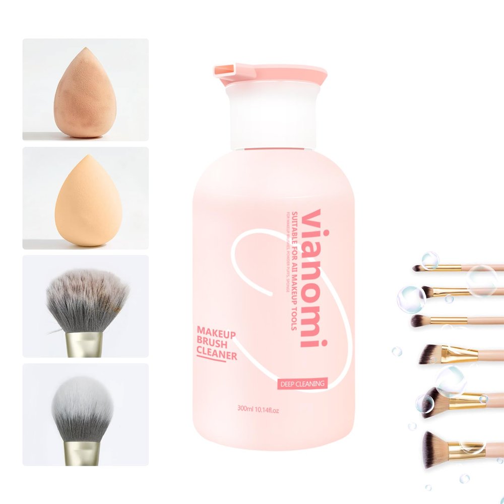 NinthAvenue Basics Vianomi Makeup Brush Cleaner Liquid 10.1 fl.oz (300 mL) - Makeup Brush Cleaner Solution for Makeup Brushes, Beauty Sponge, Powder Puff, Pink