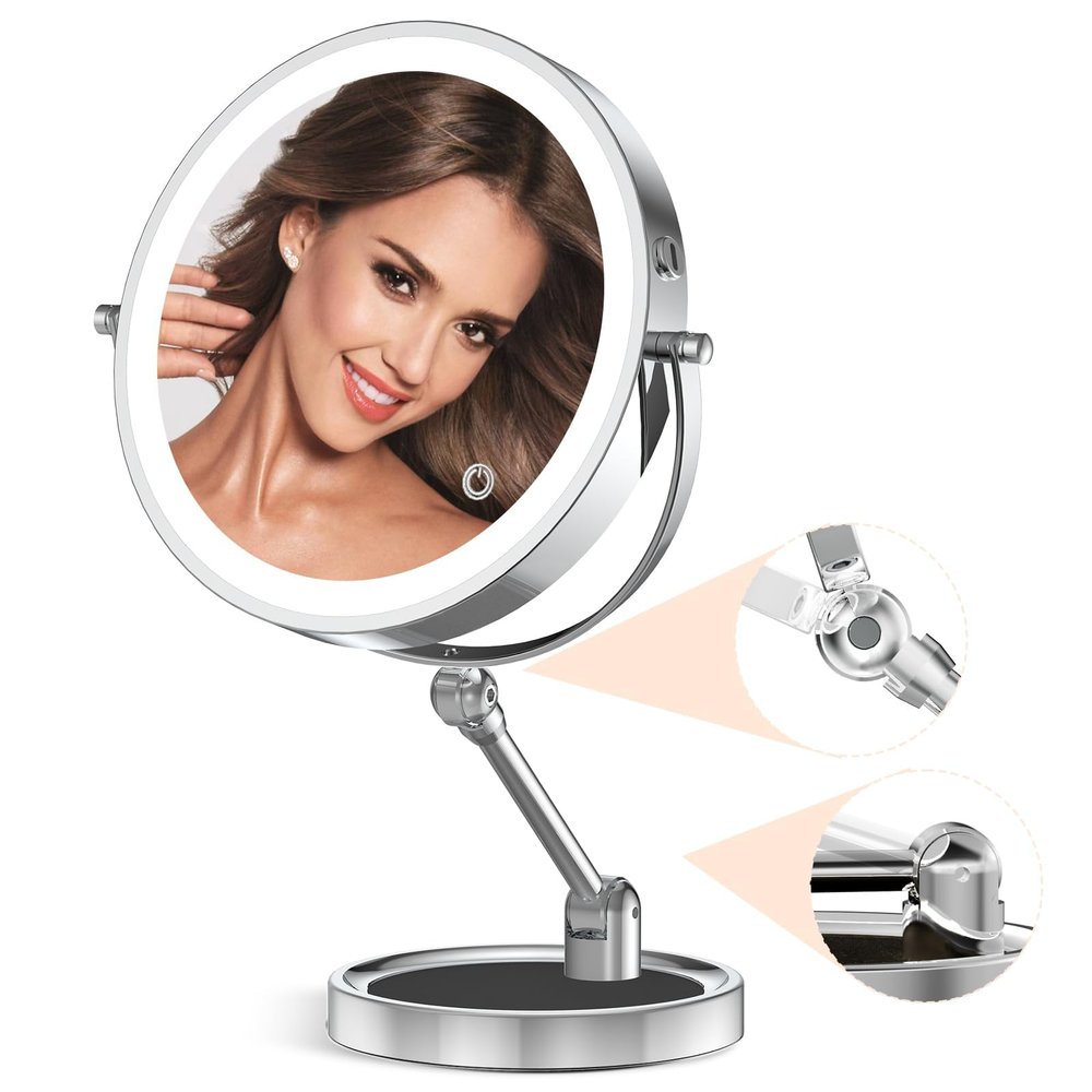 9" Large Lighted Makeup Mirror with 1X/10X Magnification, 4000mAh Rechargeable Vanity Mirror with Height Adjustable & 3 Color Dimmable Lights, 360Swivel Double Sided Tabletop Cosmetic Mirror
