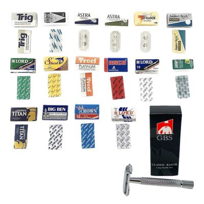 G.B.S Double Edge Razor Blade Sample Pack, Variety of 16 Safety Blades includes Long Handle Classic Double Edge Safety Razor - Butterfly