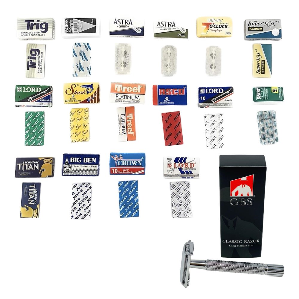 G.B.S Double Edge Razor Blade Sample Pack, Variety of 16 Safety Blades includes Long Handle Classic Double Edge Safety Razor - Butterfly