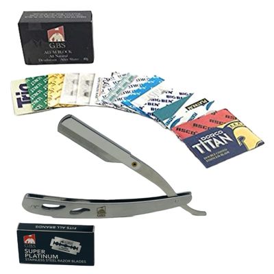 G.B.S Professional Barber Straight Edge Razor Shavette and Pack of 32 Double Edge Blade Variety Pack