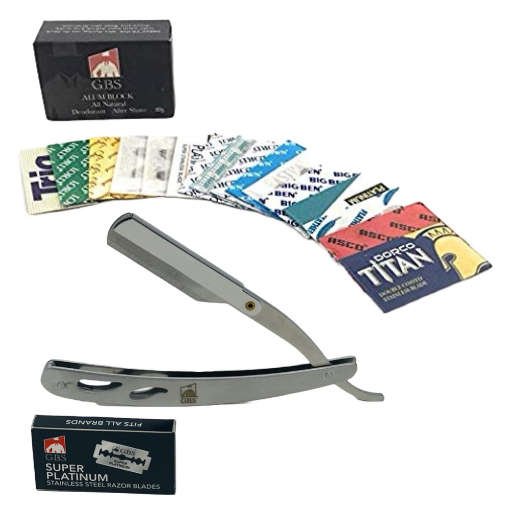 G.B.S Professional Barber Straight Edge Razor Shavette and Pack of 32 Double Edge Blade Variety Pack