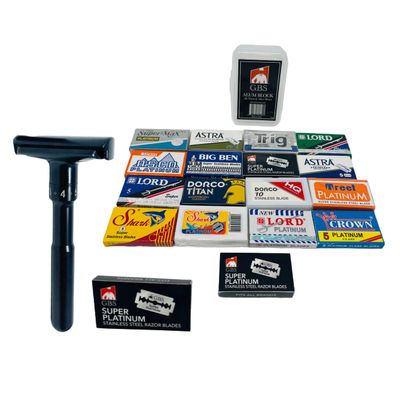 G.B.S Black Adjustable Men's Double Edge Safety Razor and 120 Count Double Edge Safety Razor Blade Variety Pack