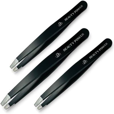 Beauty Power Ultra-Precision Professional Slant Tweezers for Women Facial Hair - German Stainless Steel, Lightweight Black Tweezers for Women & Men, Ideal for Eyebrow & Facial Grooming (3 Matte Black)