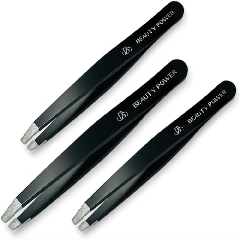 Beauty Power Ultra-Precision Professional Slant Tweezers for Women Facial Hair - German Stainless Steel, Lightweight Black Tweezers for Women & Men, Ideal for Eyebrow & Facial Grooming (3 Matte Black)