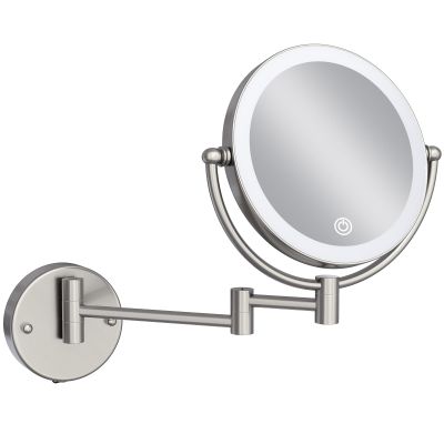 LEDOOLE 8" Rechargeable Lighted Wall Mounted Makeup Mirror with Magnification, Double-Sided 1X/10X Magnifying Foldable Touch Control 360 Swivel Extendable Arm for Bathroom, Brushed Nickel
