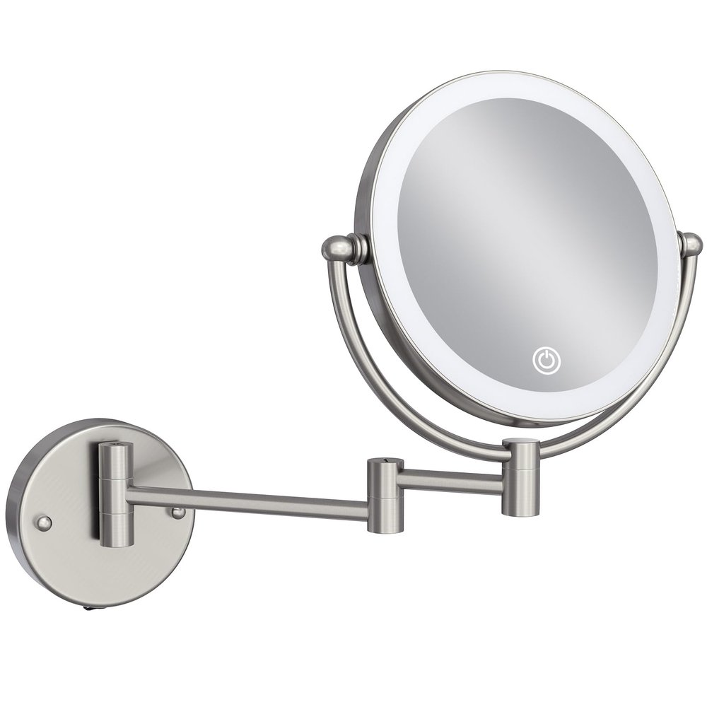 LEDOOLE 8" Rechargeable Lighted Wall Mounted Makeup Mirror with Magnification, Double-Sided 1X/10X Magnifying Foldable Touch Control 360 Swivel Extendable Arm for Bathroom, Brushed Nickel
