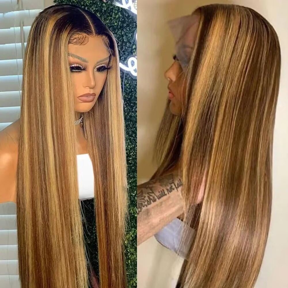13x6 Highlight Wig Human Hair Honey Blonde Colored Lace Front Wigs For Women Pre Plucked Bone Straight HD Lace Frontal Wig Brazilian Virgin Hair Natural Hairline Glueless Wig 150% Density 30Inch