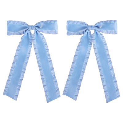 2Pcs Antique Blue Hair Bows for Women Girls Thick Thin Hair, 5.5" Large Ruffle Satin Tassel Ribbon Hair Bow Clips Barrettes with Long Tail,Her Vintage Dress outfit Decor Accessories