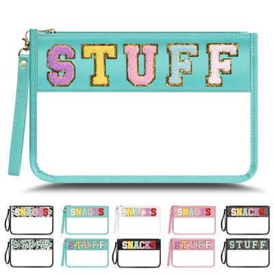 YEMEDA Chenille Letter Clear Zipper Pouch for Travel, Nylon Makeup Letter Bag, PVC Waterproof Cosmetic Bag, Snack Bags for Women Girls, Clear Stuff Bags For Travel(Light Green-Stuff)