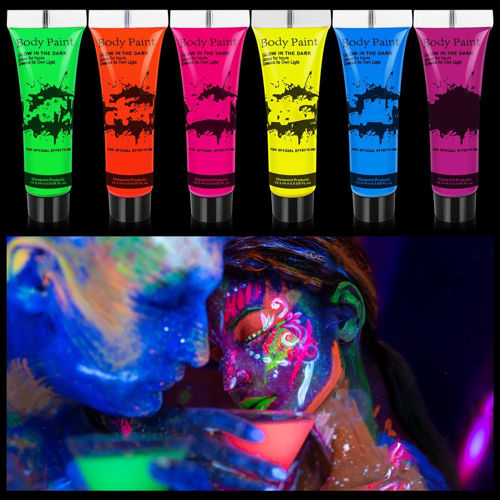 6 Color Glow in The Dark Face Paint, UV Blacklight Neon Hot Pink Face Body Paint, Glow In The Dark Under UV Lighting Party Makeup Washable, for Festivals Party Halloween Christmas(1/2FL.OZ)