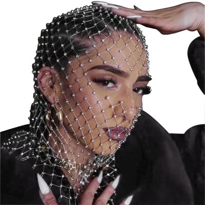 Ylucky Rhinestone Mesh Mask Crystal Glitter Nightclub Headwear Women Halloween Accessories Rave Party Head Cover Body Jewelry (white-Eye Hollow)