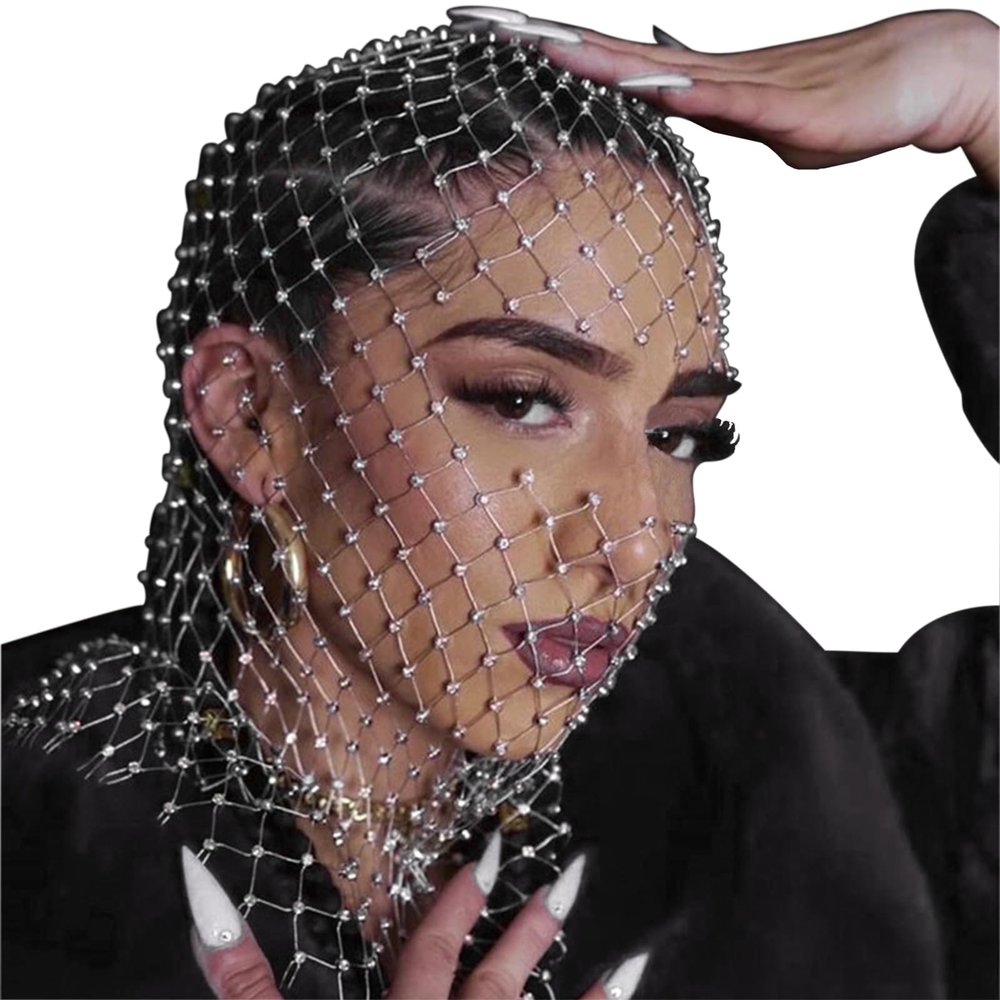Ylucky Rhinestone Mesh Mask Crystal Glitter Nightclub Headwear Women Halloween Accessories Rave Party Head Cover Body Jewelry (white-Eye Hollow)