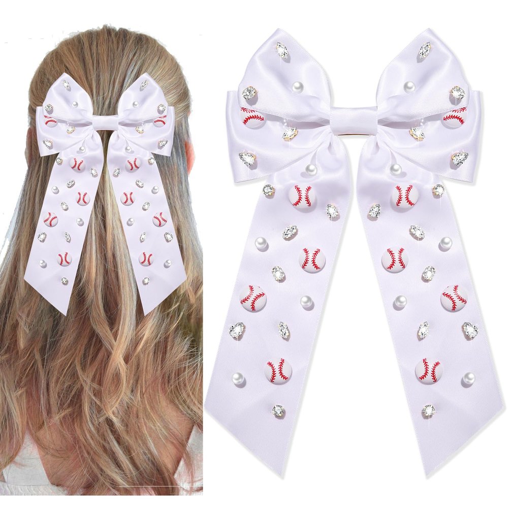 Baseball Bows Accessories for Women Softball Hair Bows Jeweled Rhinestone Hair Bow Clips Large Baseball Hair Ribbons Sports Game Day Accessories Baseball Mom Accessories Outfits Gifts (White 1)