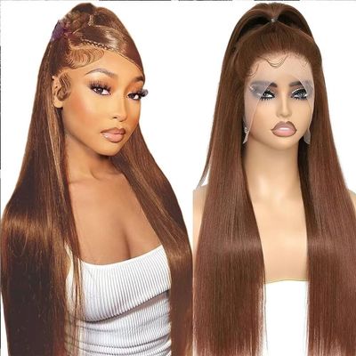 oulaer Chocolate Brown Lace Front Wig 13x4 HD Lace Front Wigs Human Hair Glueless Straight Frontal Wigs Human Hair Brazilian Virgin Hair Bleached Knots Natural Hairline Wig 180% Density 24Inch