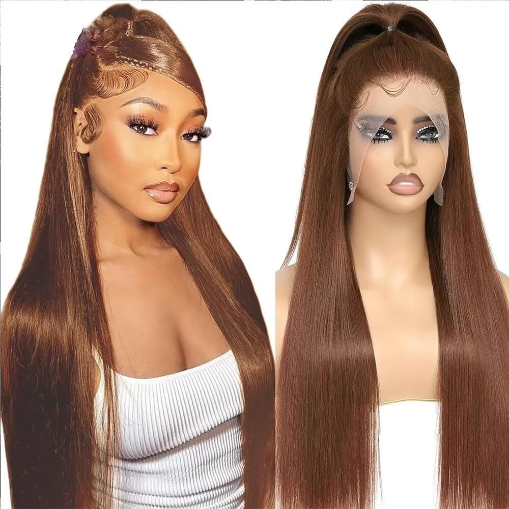 oulaer Chocolate Brown Lace Front Wig 13x4 HD Lace Front Wigs Human Hair Glueless Straight Frontal Wigs Human Hair Brazilian Virgin Hair Bleached Knots Natural Hairline Wig 180% Density 24Inch