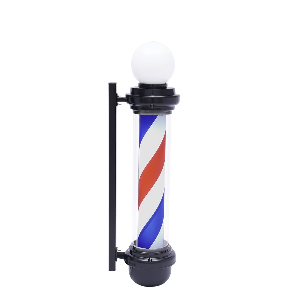AngelcityCC Barber Pole Red White Blue Stripes with LED Light Traditional Barber Pole Outside Barber Shop Rotating Light Sign Light Box Rainproof Hairdressing Salon Wall Lamp