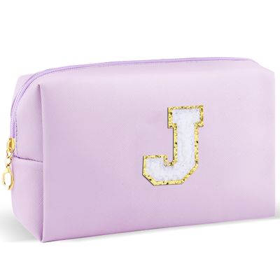 URSKYTOUS Gifts for Girls Initial Makeup Bag Personalized Cosmetic Bag with Zipper Cute Travel Toiletry Bag Waterproof PU Preppy Makeup Pouch Birthday Gift for Teen Girls Women(Purple J)