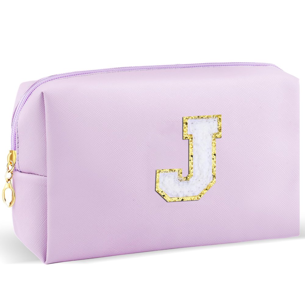 URSKYTOUS Gifts for Girls Initial Makeup Bag Personalized Cosmetic Bag with Zipper Cute Travel Toiletry Bag Waterproof PU Preppy Makeup Pouch Birthday Gift for Teen Girls Women(Purple J)