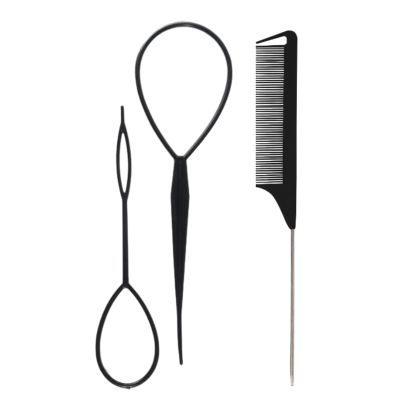 Osdhezcn Pack Of 3 French Braid Tool Loop Elastic Hair Bands Remover Cutter Rat Tail Comb Braiding Combs For Hair, Black