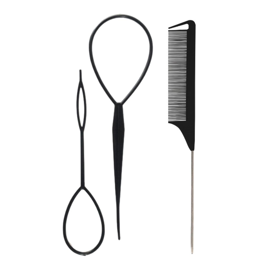 Osdhezcn Pack Of 3 French Braid Tool Loop Elastic Hair Bands Remover Cutter Rat Tail Comb Braiding Combs For Hair, Black
