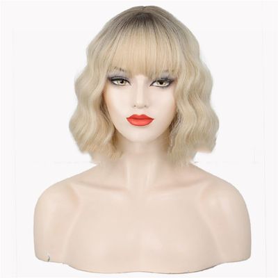 10inch Fashion Wavy Straight Bangs Short Synthetic for Woman for Hair Loss Machine Made (Beige)