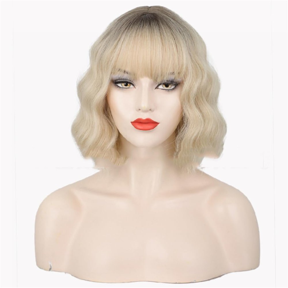 10inch Fashion Wavy Straight Bangs Short Synthetic for Woman for Hair Loss Machine Made (Beige)