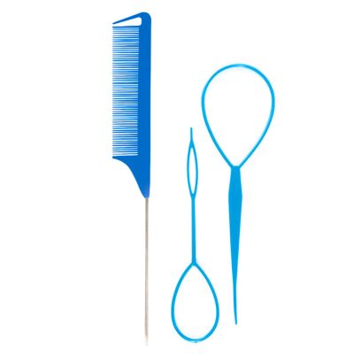 Osdhezcn Pack Of 3 French Braid Tool Loop Elastic Hair Bands Remover Cutter Rat Tail Comb Braiding Combs For Hair, Blue