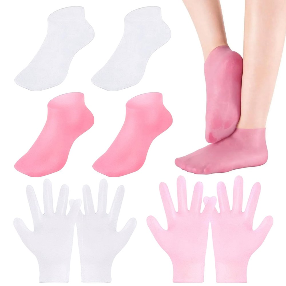 4 Pairs Silicone Moisturizing Gloves & Socks Set Anti Slip Spa Socks and Gloves 2 Colors Hands Feet Skin Care High Elasticity Reusable Gloves and Socks, Dry Cracked, Moisturizing Gloves Overnight