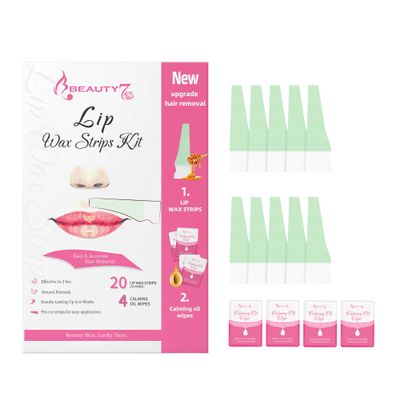 Beauty7 Lip Wax Strips Kit, Facial Wax Strips- 20 pcs Waxing+ 4 Soothing Oil Wipes for Facial Hair Removal, Ideal for All Skin Types for Women