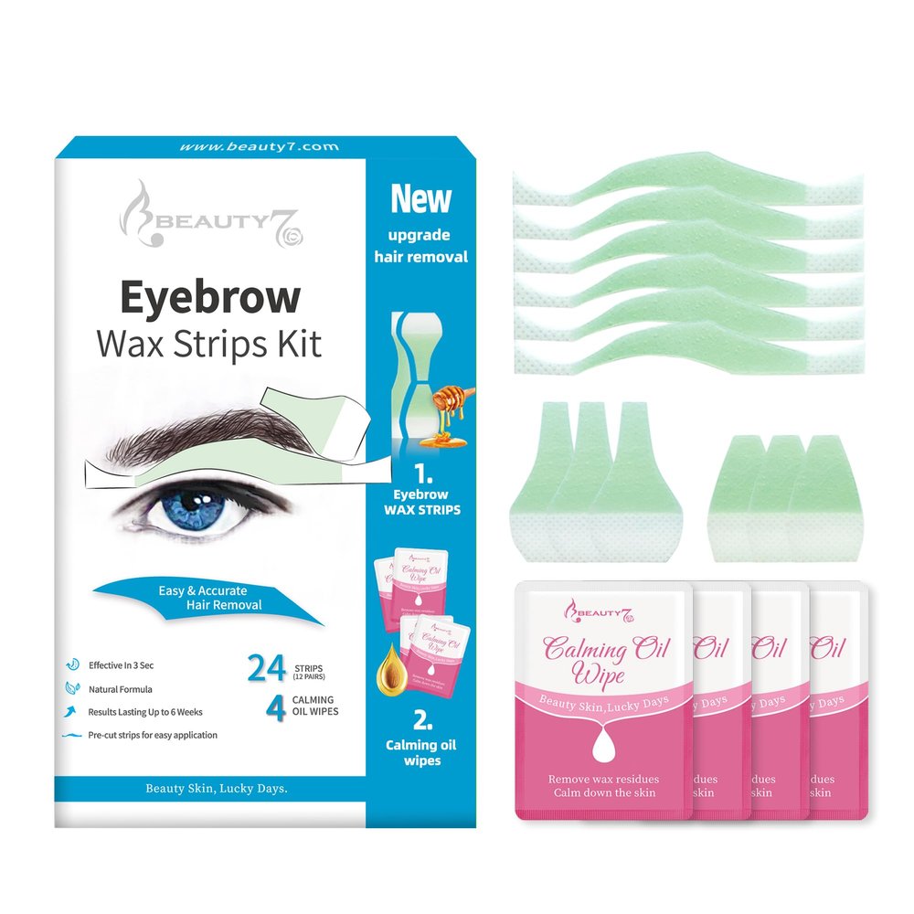 Beauty7 Men's Eyebrow Wax Kit - 24 Waxing Strips + 4 Soothing Oil Wipes for Hair Removal & Eyebrow Shaping