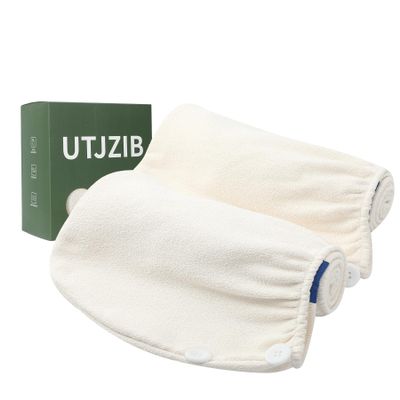 UTJZIB Hair Towel Wrap 2 Pack for Women,Super Absorbent Ant Cloth Fabric Hair Drying Turban Towel, Quick Dry Hair Towels with Buttons for Long Wet Curly Hair(Cream)