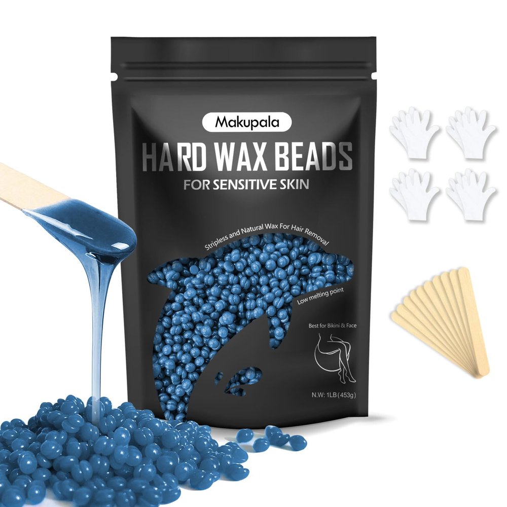 Makupala 1 lb Hard Wax Beads for Sensitive Skin, 16 oz Waxing Beads for Women Men Brazilian Waxing at Home, Professional Wax Beans Hair Removal for Body, Bikini, Legs, Facial, Easy Use, Blue