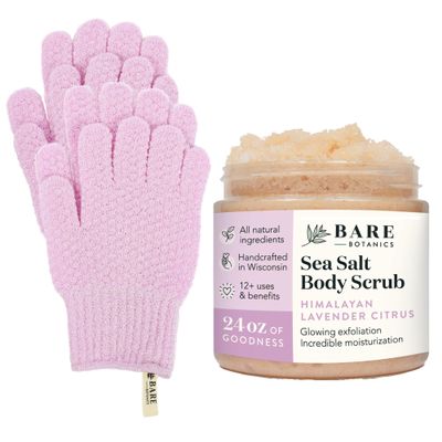 Bare Botanics Exfoliating Shower Gloves + Lavender Grapefruit Body Salt Scrub