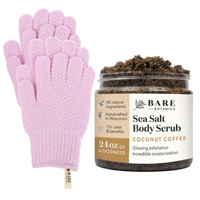 Bare Botanics Exfoliating Shower Gloves + Coconut Body Salt Scrub