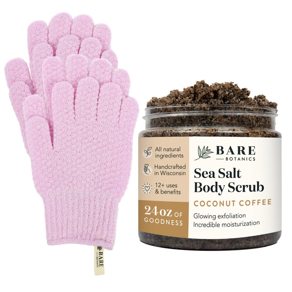 Bare Botanics Exfoliating Shower Gloves + Coconut Body Salt Scrub