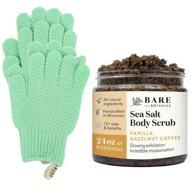 Bare Botanics Exfoliating Shower Gloves + Vanilla Hazelnut Coffee Body Salt Scrub