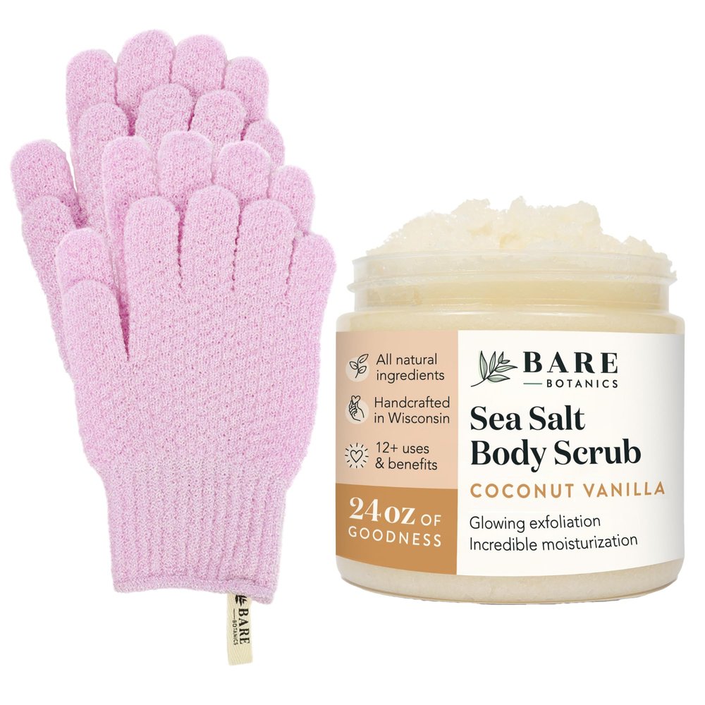 Bare Botanics Exfoliating Shower Gloves + Coconut Vanilla Body Salt Scrub