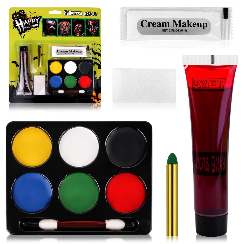 Face Body Paint Set, Halloween Makeup, 6 Colors Face Body Paint + Washable Fake Blood + White Cream, Face Paint SFX Makeup Kit, Face Painting Kit for Halloween Zombie Skeleton Cosplay Clown