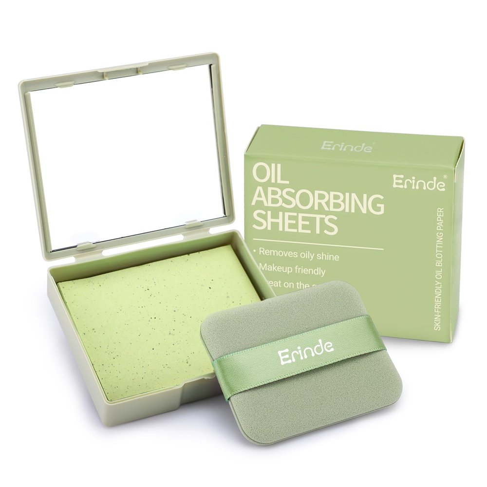 Erinde Oil Blotting Sheets for Face with Mirror and Puff, 100 Sheets Oil Blotting Paper for Oily Skin, Face Oil Absorbing Sheet, Natural Oil Control Film, Absorb Excess Oil, Makeup Friendly