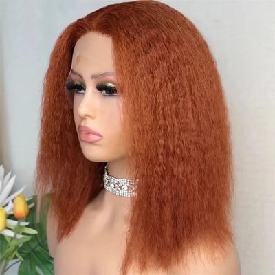 Orange Ginger Kinky Yaki Straight 13x6 HD Lace Front Wig For Black Women Baby Hair Glueless Pre Plucked Brazilian Virgin Hair Yaki Bob Straight Wig 150% Density 12Inch