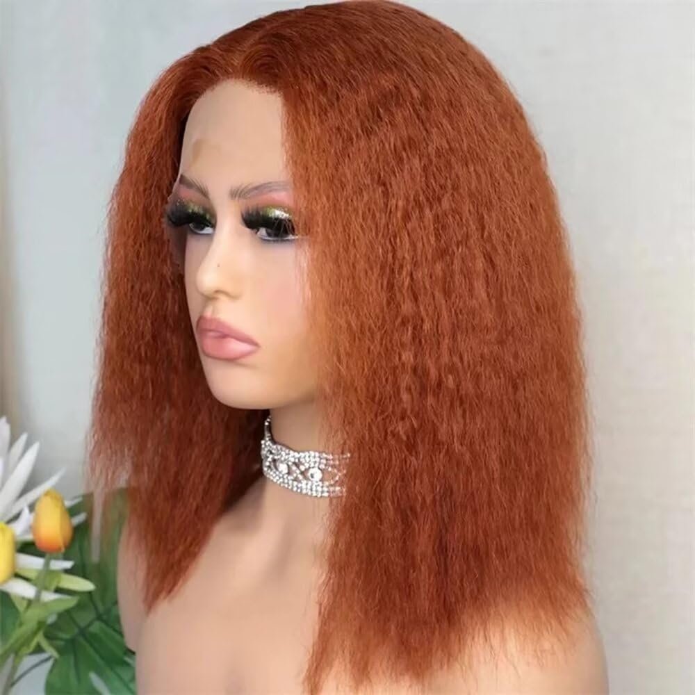 Orange Ginger Kinky Yaki Straight 13x6 HD Lace Front Wig For Black Women Baby Hair Glueless Pre Plucked Brazilian Virgin Hair Yaki Bob Straight Wig 150% Density 12Inch