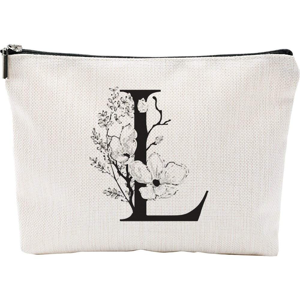 Birthday Gift Make Up Bag, A-Z Minimalism Monogrammed Botanical Alphabet Toiletry Bag, Floral Personalized Cosmetic Bag, Zipper Pouch, Travel Bag, Gifts For Women, Mom, Bridesmaid Gifts (L)-A12