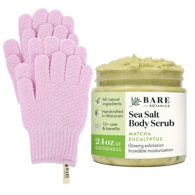 Bare Botanics Exfoliating Shower Gloves + Matcha Eucalyptus Body Salt Scrub