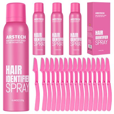 Hair Identifier Spray for Face Shaving Dermaplaning Tool 4 Pack Skin Body Dermaplaning Spray for Women with 16 Face Razor for Face Shaver Hair Removal Kit Excess Hair Dermaplane Razor for Women Face