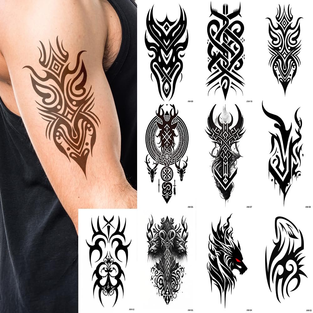10 Sheets Large Tribal Viking Temporary Tattoos for Men & Women  7.4"x4.7" Black Totem Fake Tattoo Stickers Waterproof Removable Body Art for Chest Arm Back Shoulder