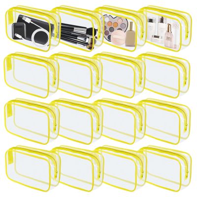 16 Pieces Clear Makeup Bag PVC Zippered Clear Toiletry Carry Pouch Portable Cosmetics Bag Waterproof Makeup Bag Vinyl Plastic Organizer Case for Travel Vacation Bathroom (Yellow-M)