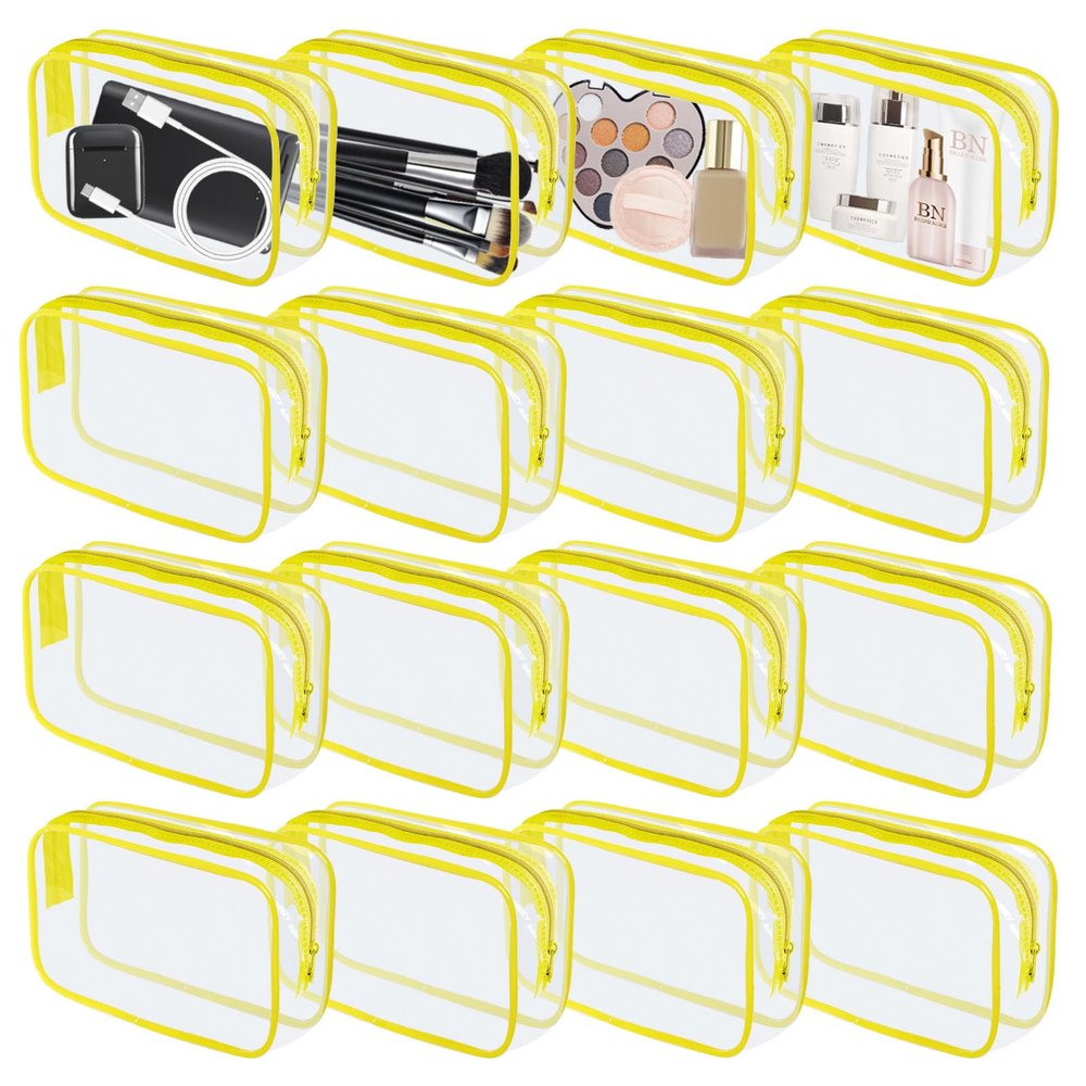 16 Pieces Clear Makeup Bag PVC Zippered Clear Toiletry Carry Pouch Portable Cosmetics Bag Waterproof Makeup Bag Vinyl Plastic Organizer Case for Travel Vacation Bathroom (Yellow-M)