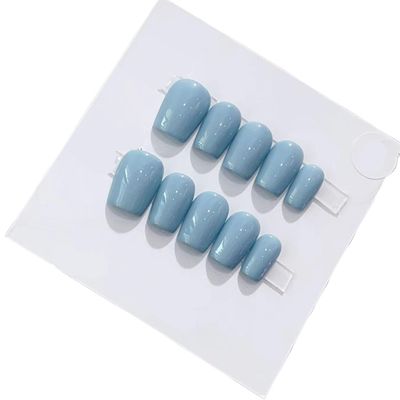 Handmade Wear Nail Summer Candy Color Solid Color Short Finished Blue Nail Patch Reusable Detachable(L)